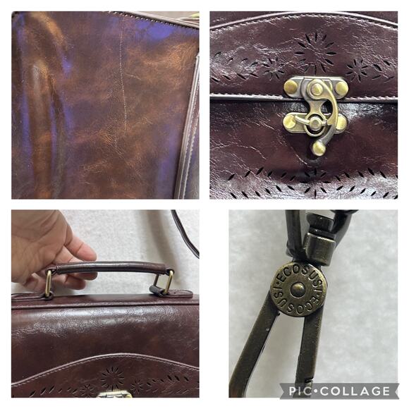 ECOSUSI Retro Inspired Hand/Crossbody Bag Brown Gold Squared Messenger Hippie - Picture 8 of 9